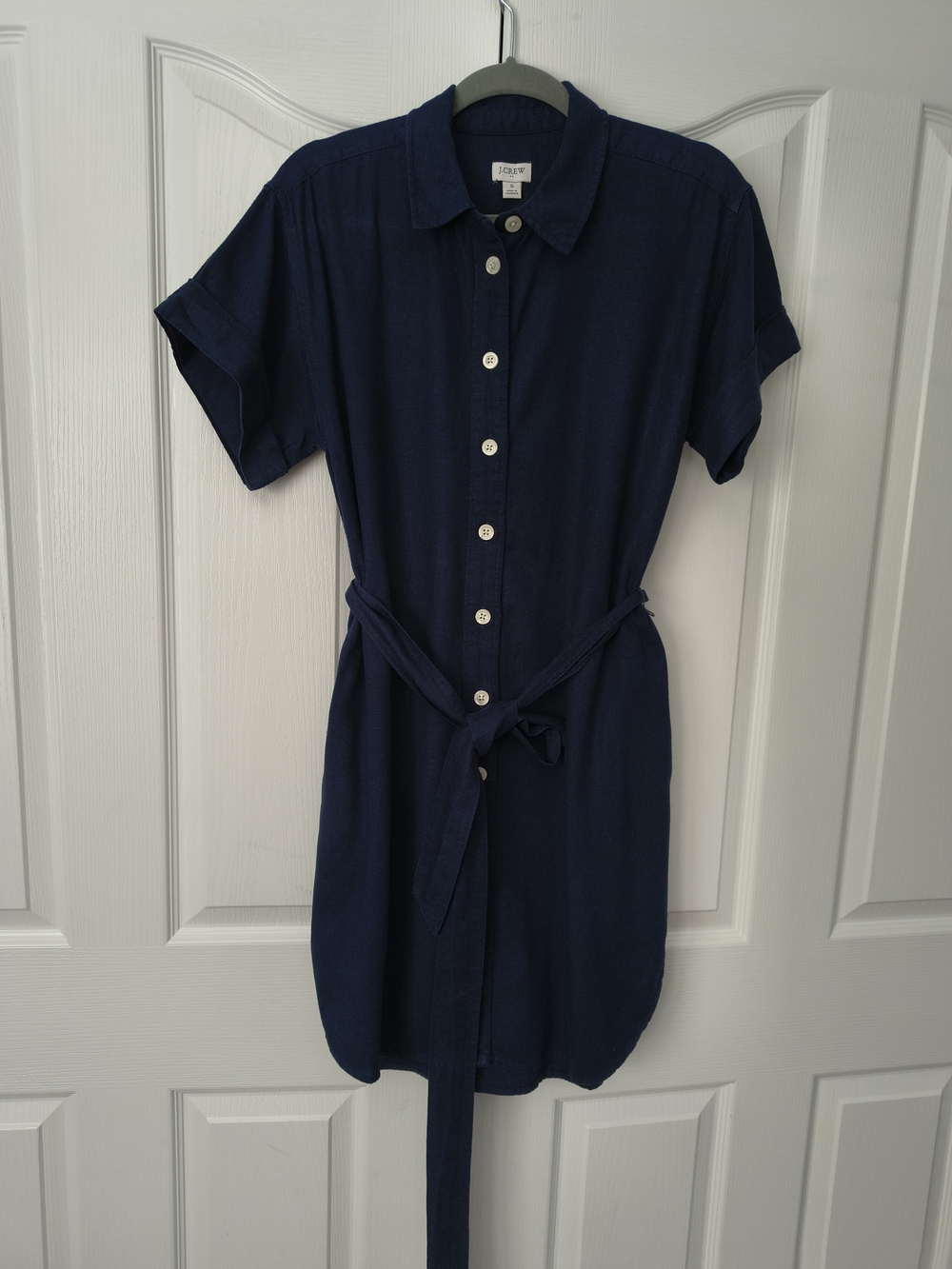 J.Crew Factory Linen-Blend Belted Mini Shirt-Dress in navy blue
